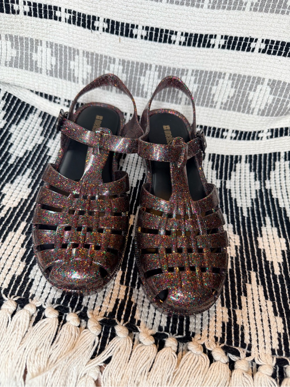 Melissa Glitter Jelly Fisherman Sandals - Black with Multicolor Sparkle, Size 8 - Picture 9 of 9